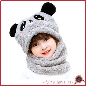 Toddler Winter Hat with Attached Funnel Scarf Embroidered Panda Grey Fleece NWT